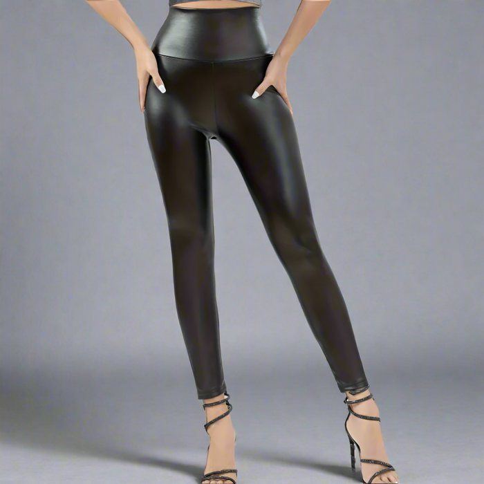 Fleece Lined Vegan Leather Yoga Leggings with High Waist for Winter: black leggings/pants, minimal style