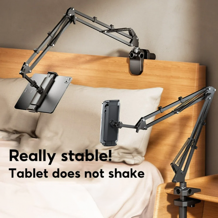 Flexible Holder for Tablets and Phones: black, dark gray adjustable tablet holder arm mount, minimal functional product desig