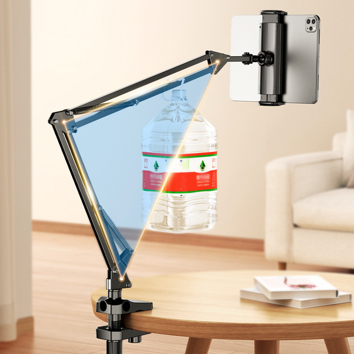 Flexible Holder for Tablets and Phones: black, dark gray adjustable tablet holder arm mount, minimal functional product desig
