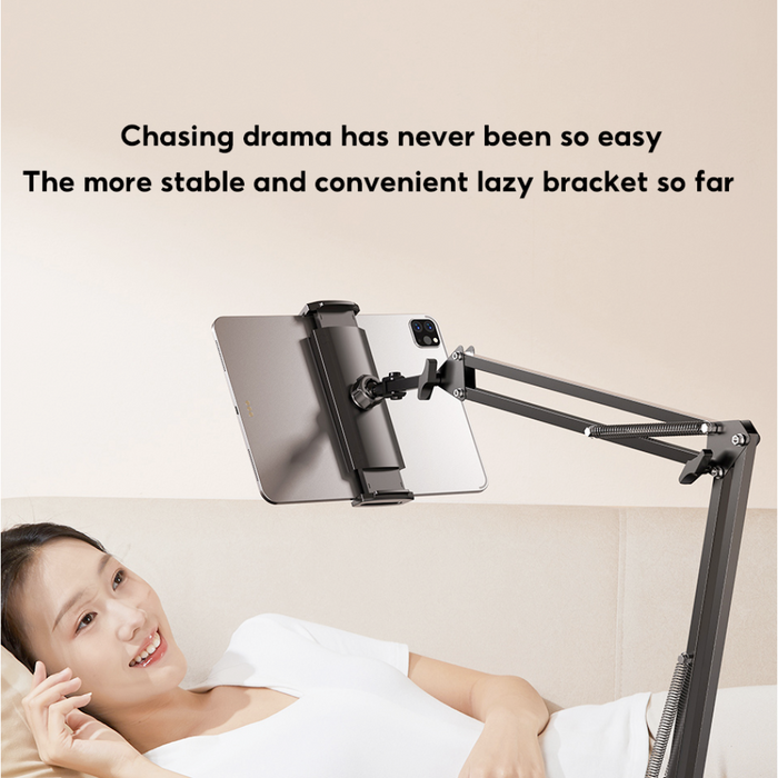 Flexible Holder for Tablets and Phones: black, dark gray adjustable tablet holder arm mount, minimal functional product desig