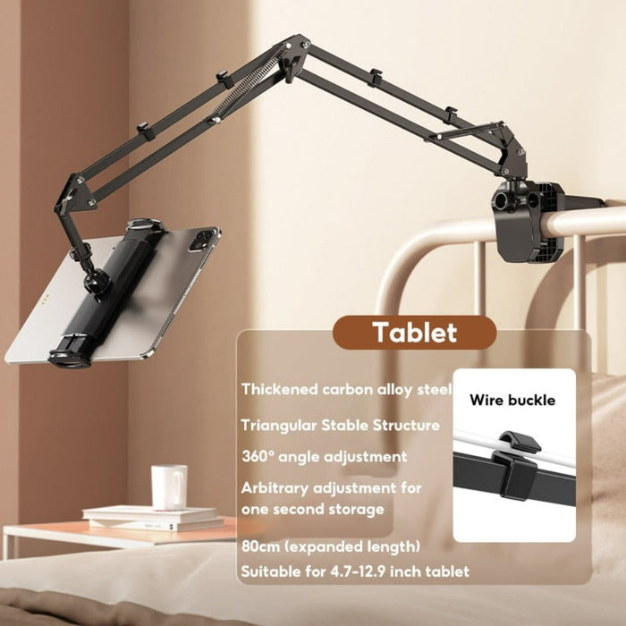 Flexible Holder for Tablets and Phones: black, dark gray adjustable tablet holder arm mount, minimal functional product desig