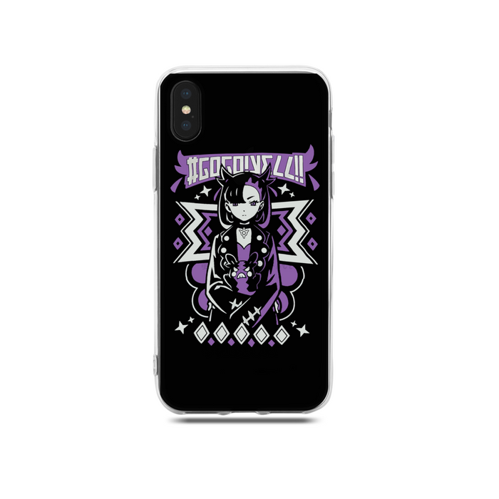 Flexible TPU Phone Case with Grip: black, purple stylized gothic cartoon girl holding a cat, gothic cartoon, kawaii style