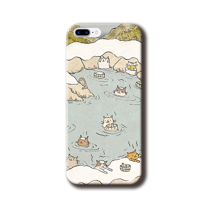 Flexible TPU Phone Case with Protection: light blue, cream cats in a hot spring, cute cartoon illustration style