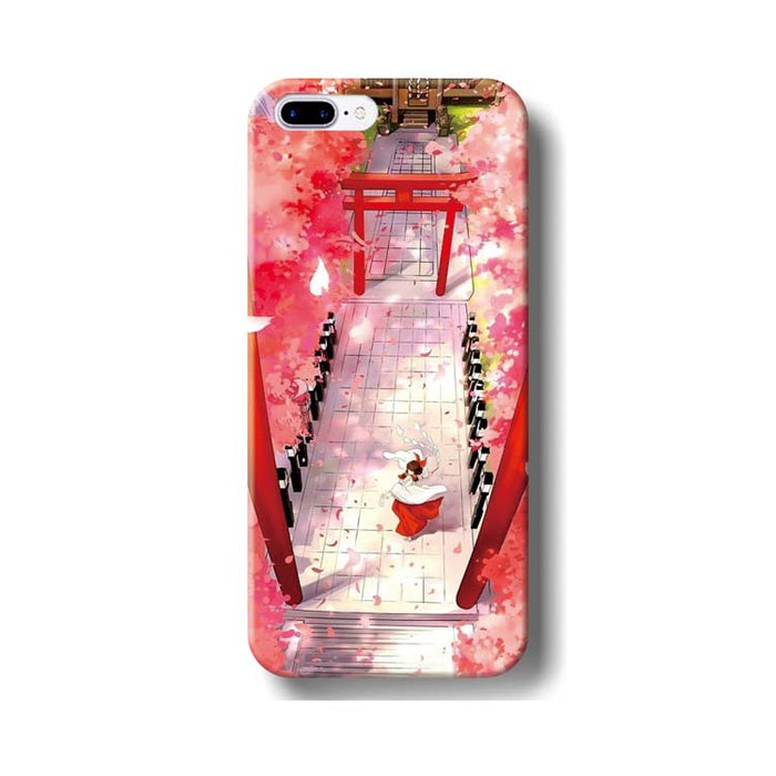 Flexible TPU Phone Case with Protection: pink, red Japanese shrine walkway with a small illustrated character, anime-inspired