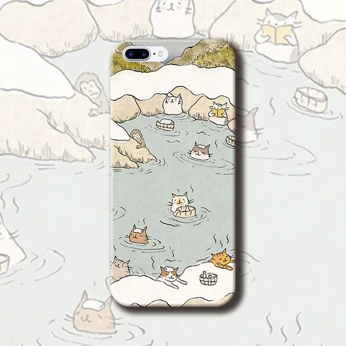 Flexible TPU Phone Case with Protection: light blue, cream cats in a hot spring, cute cartoon illustration style