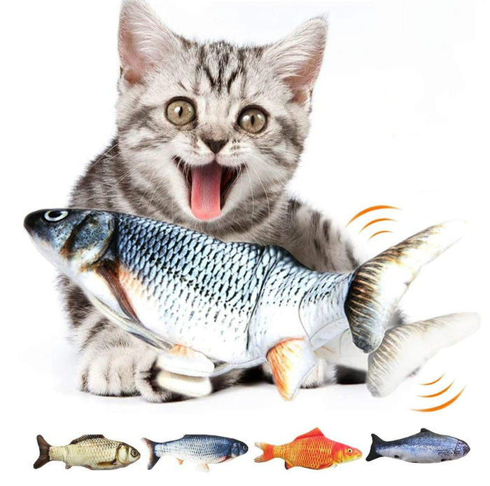 Flipping Electric Fish Toy for Feline Entertainment: gray, white gray tabby kitten with fish, realistic animal print style