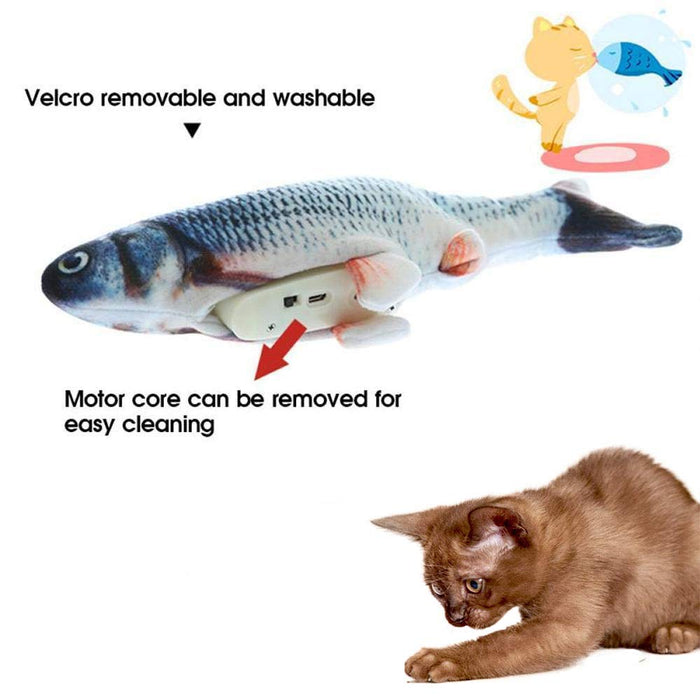 Flipping Electric Fish Toy for Feline Entertainment: gray, white gray tabby kitten with fish, realistic animal print style