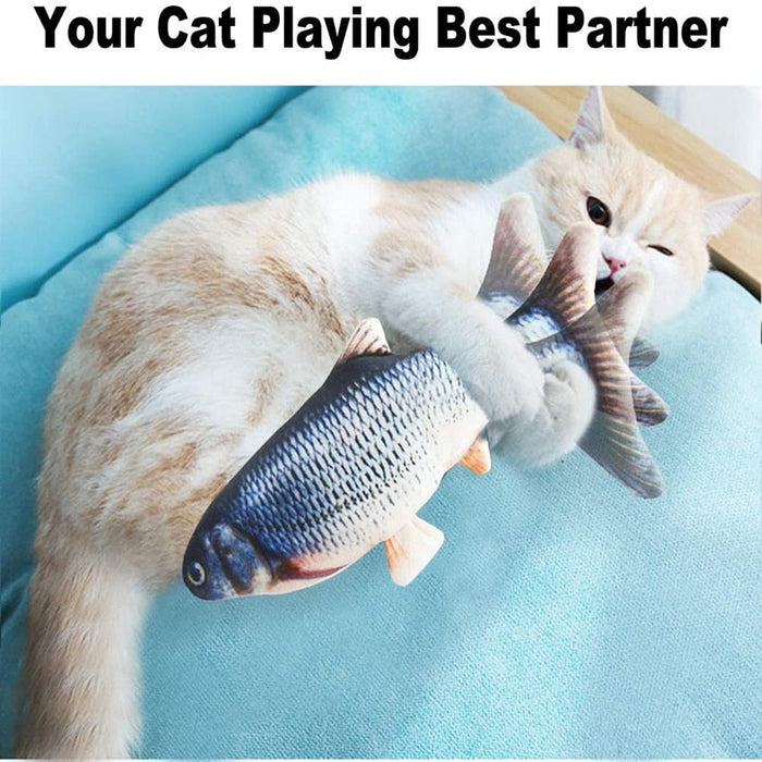 Flipping Electric Fish Toy for Feline Entertainment: gray, white gray tabby kitten with fish, realistic animal print style