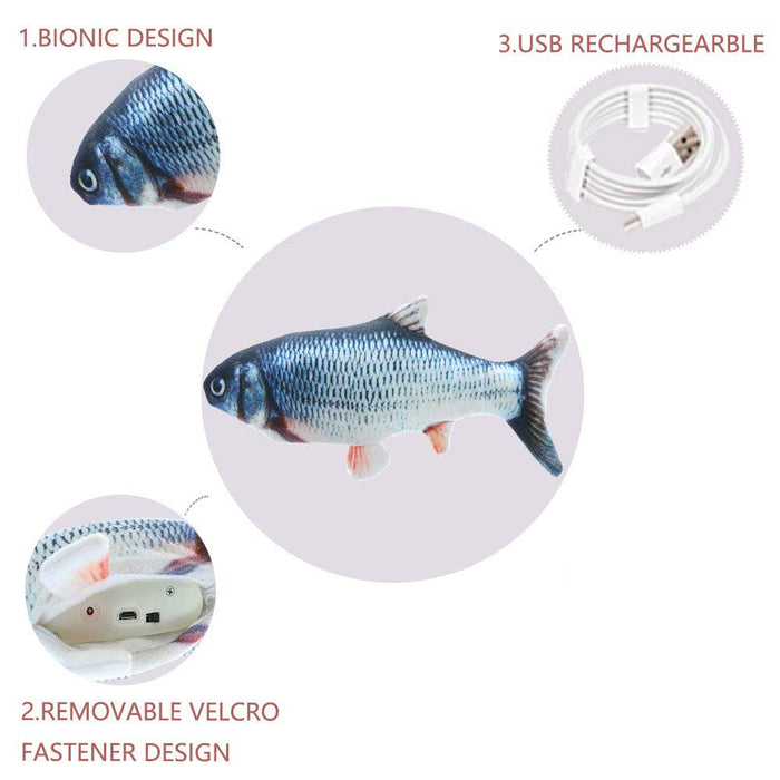 Flipping Electric Fish Toy for Feline Entertainment: gray, white gray tabby kitten with fish, realistic animal print style
