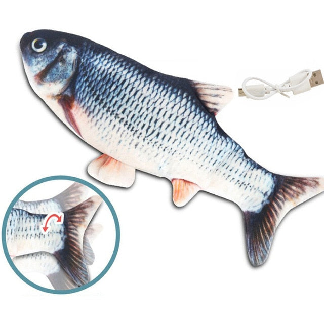 Flipping Electric Fish Toy for Feline Entertainment: gray, white gray tabby kitten with fish, realistic animal print style