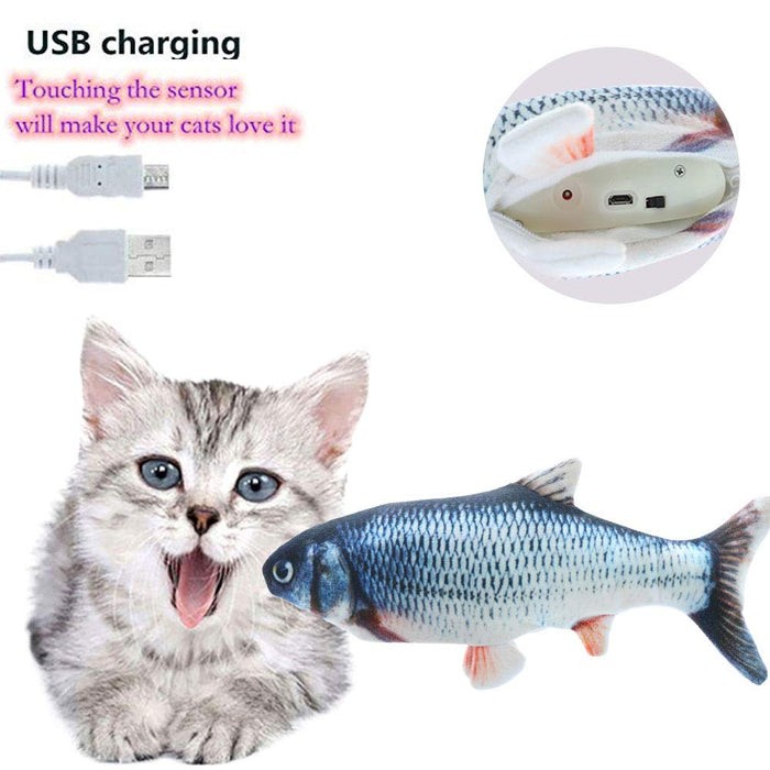 Flipping Electric Fish Toy for Feline Entertainment: gray, white gray tabby kitten with fish, realistic animal print style