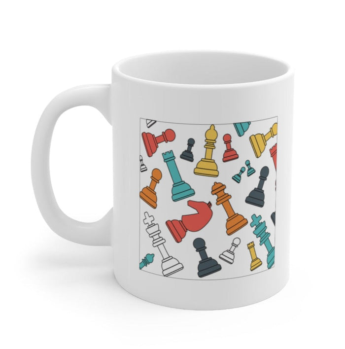 Floating Chess Ceramic Mug 11oz: white, red chess pieces, cartoon graphic style