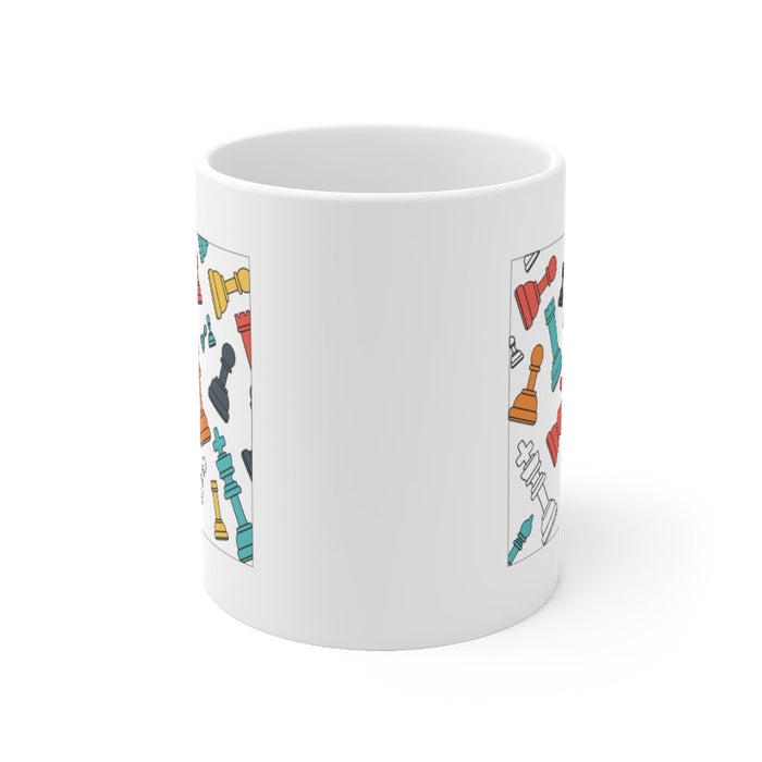 Floating Chess Ceramic Mug 11oz: white, red chess pieces, cartoon graphic style