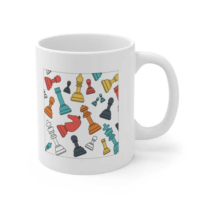 Floating Chess Ceramic Mug 11oz: white, red chess pieces, cartoon graphic style