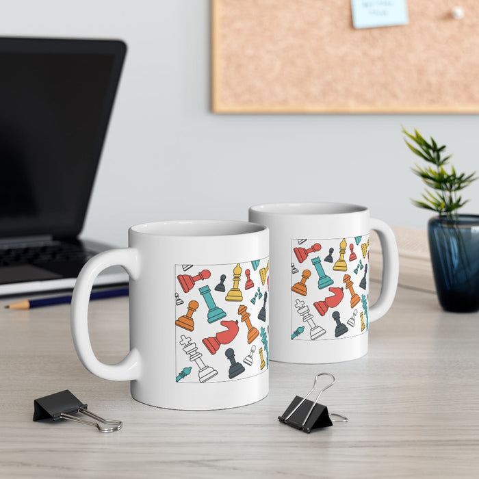 Floating Chess Ceramic Mug 11oz: white, red chess pieces, cartoon graphic style