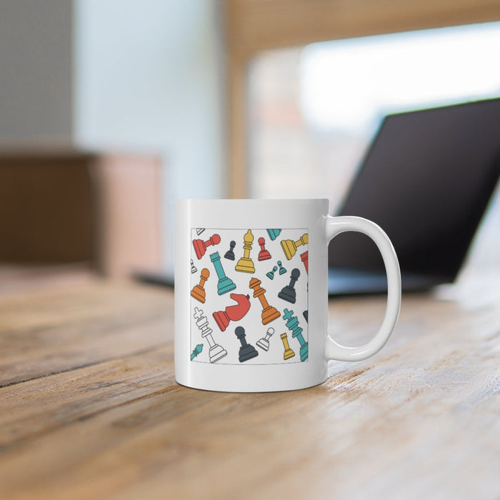 Floating Chess Ceramic Mug 11oz: white, red chess pieces, cartoon graphic style