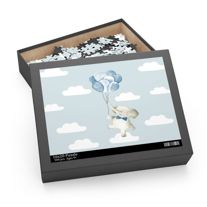Floating in the Clouds Jigsaw Puzzle, 500-Piece Baby Elephant: black, light blue rabbit holding blue balloons, soft watercolo