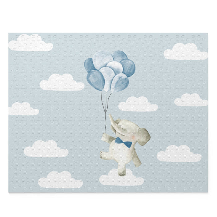 Floating in the Clouds Jigsaw Puzzle, 500-Piece Baby Elephant: black, light blue rabbit holding blue balloons, soft watercolo