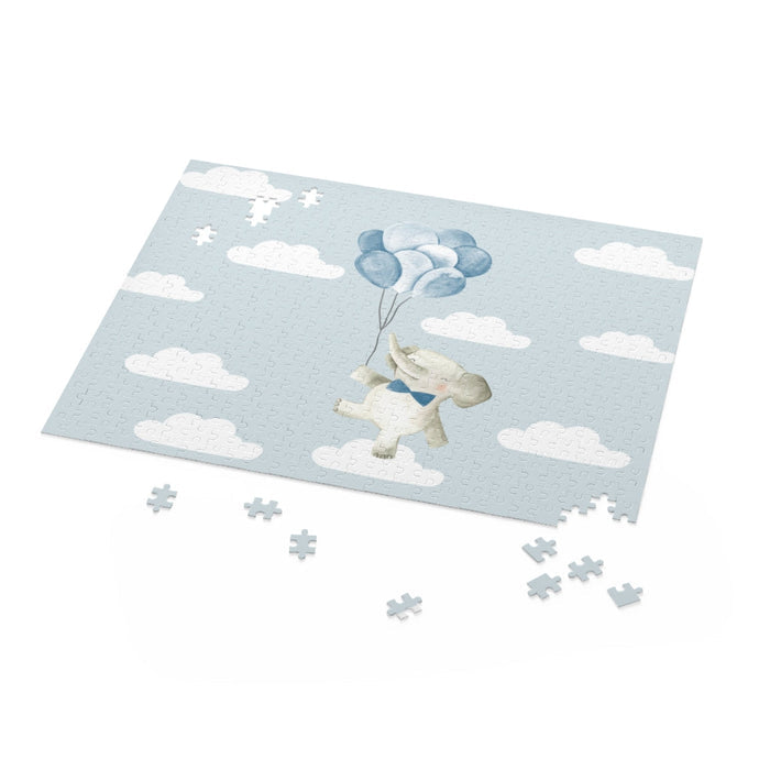 Floating in the Clouds Jigsaw Puzzle, 500-Piece Baby Elephant: black, light blue rabbit holding blue balloons, soft watercolo