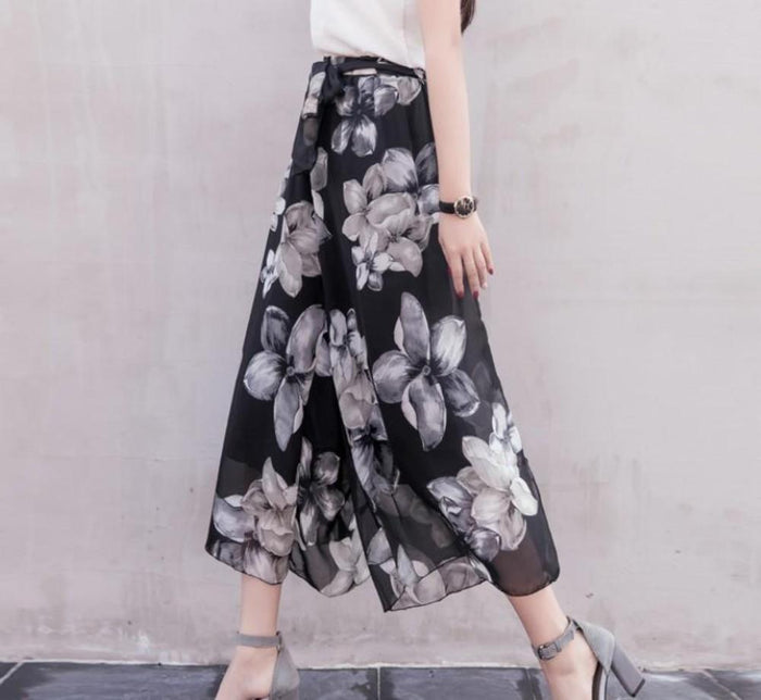 Floral Chiffon Wide Leg Pants for Women: black, gray floral pattern, elegant floral style