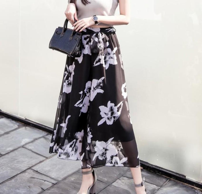 Floral Chiffon Wide Leg Pants for Women: black, gray floral pattern, elegant floral style