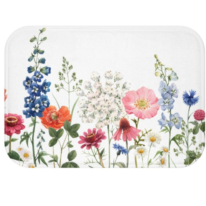 Floral Garden Bath Mat: Decorative Rug for Springtime: white, green wildflower garden, botanical watercolor style
