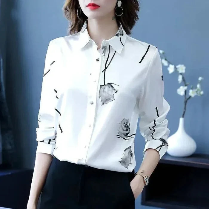 Floral Korean-Inspired Blouse for Women: white, black floral theme, minimal floral print style