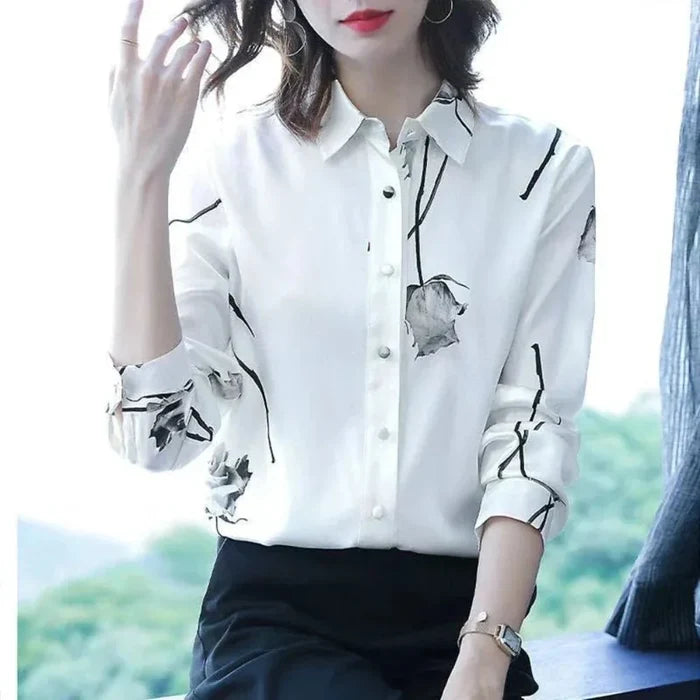 Floral Korean-Inspired Blouse for Women: white, black floral theme, minimal floral print style