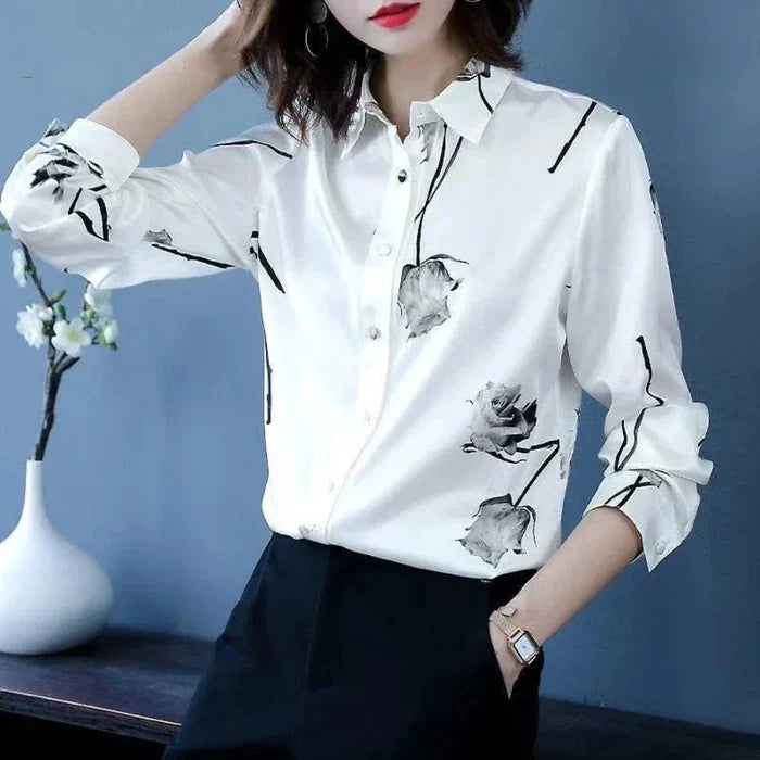 Floral Korean-Inspired Blouse for Women: white, black floral theme, minimal floral print style
