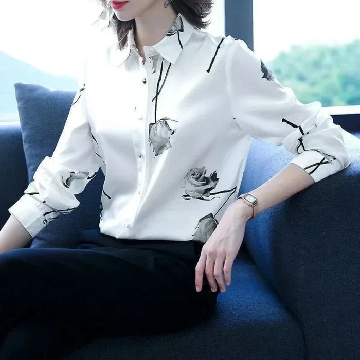 Floral Korean-Inspired Blouse for Women: white, black floral theme, minimal floral print style