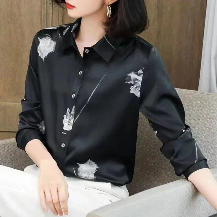 Floral Korean-Inspired Blouse for Women: white, black floral theme, minimal floral print style