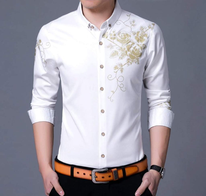 Floral Print Men's Button-Down Shirt: white, light gold floral rose pattern, dressy floral style