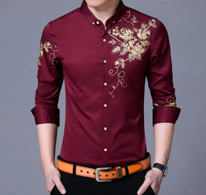 Floral Print Men's Button-Down Shirt: white, light gold floral rose pattern, dressy floral style