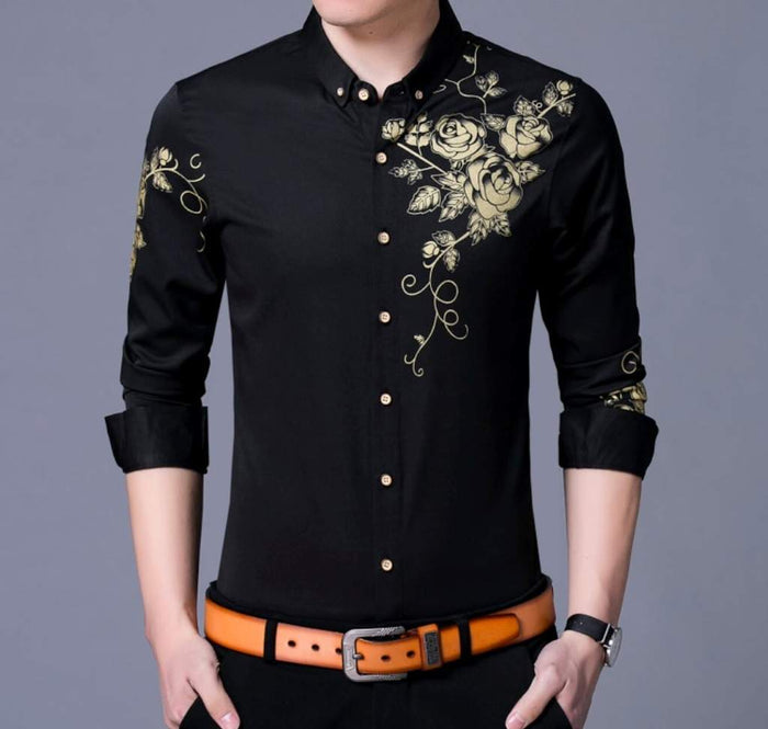 Floral Print Men's Button-Down Shirt: white, light gold floral rose pattern, dressy floral style