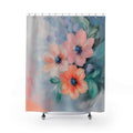Floral Shower Curtain with a Delicate, Subtle Design: teal, blue-gray painted floral design, painterly floral style