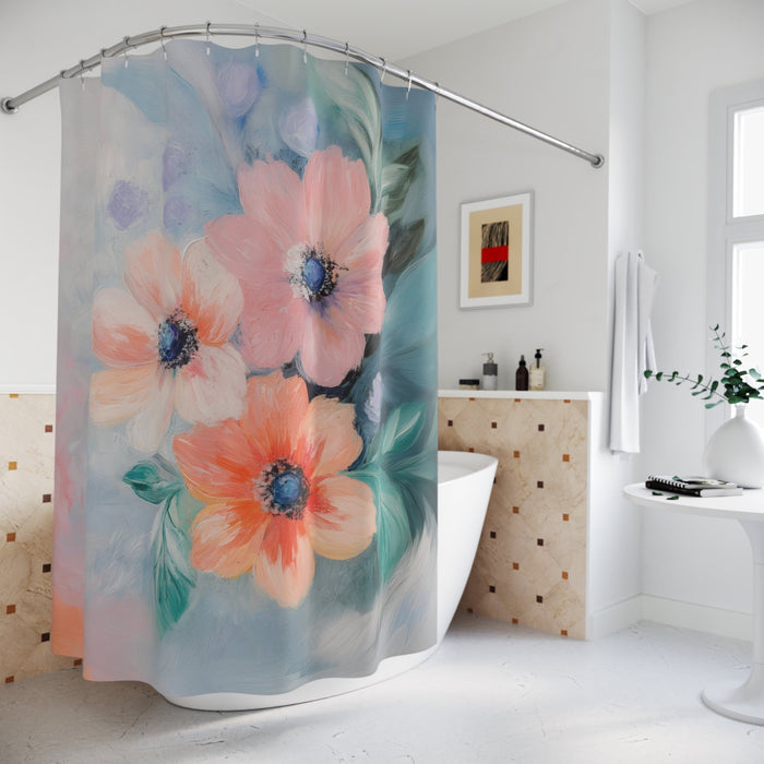 Floral Shower Curtain with a Delicate, Subtle Design: teal, blue-gray painted floral design, painterly floral style