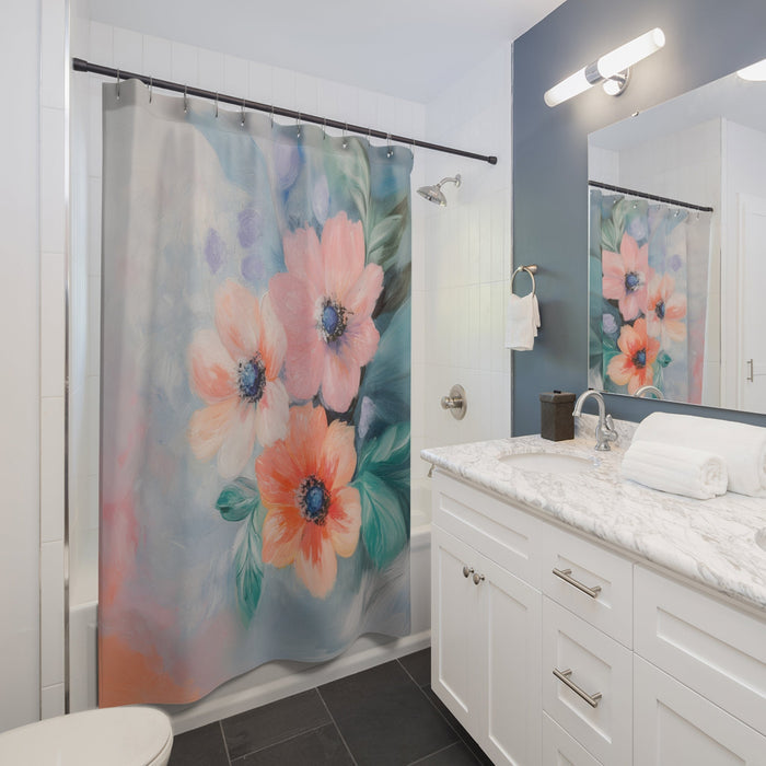 Floral Shower Curtain with a Delicate, Subtle Design: teal, blue-gray painted floral design, painterly floral style