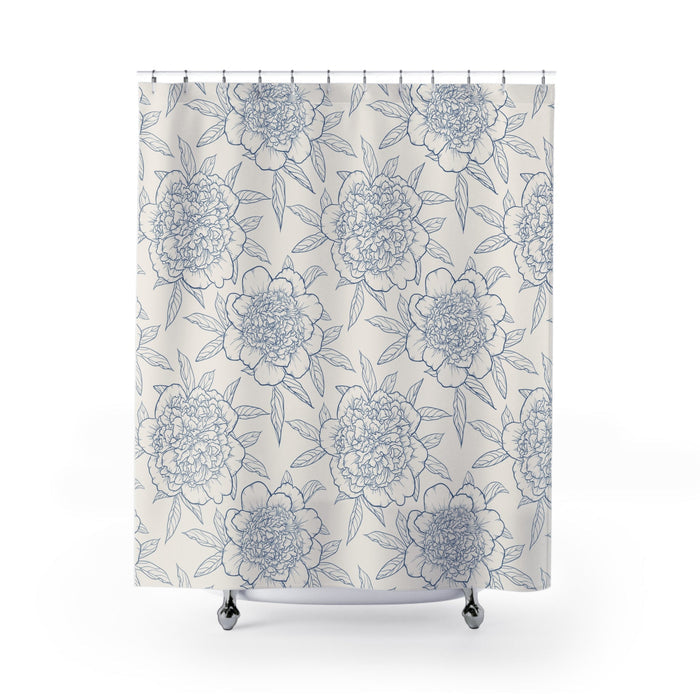 Floral Shower Curtain with Blue Outlines: off-white, light blue floral pattern, botanical, minimal style