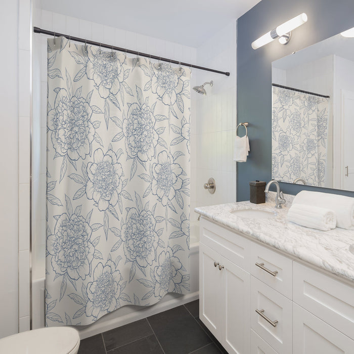 Floral Shower Curtain with Blue Outlines: off-white, light blue floral pattern, botanical, minimal style