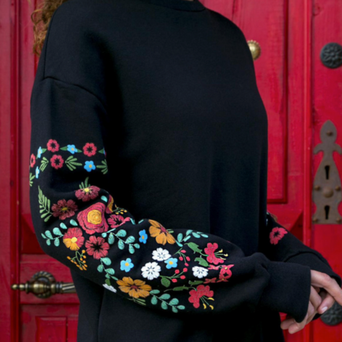 Floral Sleeve Women's Dress: black, multicolor floral embroidery long-sleeve sweater dress, casual bohemian style