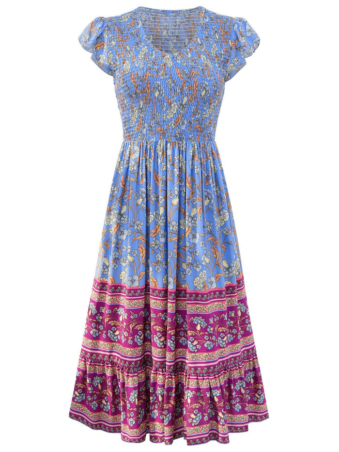 Floral Summer Dress for Women, One-Piece Design: orange, pink sleeveless midi dress, bohemian style