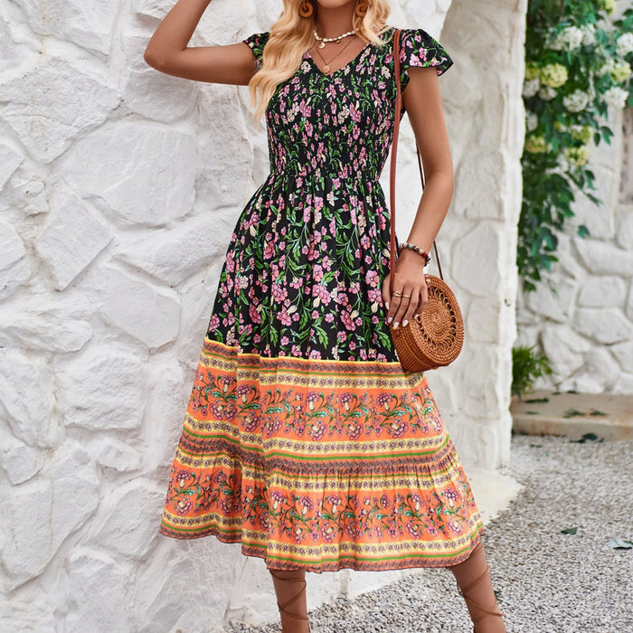 Floral Summer Dress for Women, One-Piece Design: orange, pink sleeveless midi dress, bohemian style