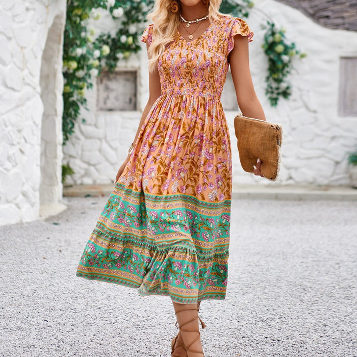 Floral Summer Dress for Women, One-Piece Design: orange, pink sleeveless midi dress, bohemian style
