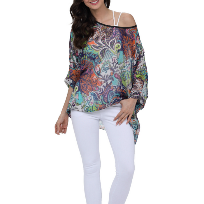 Floral Summer Tunic Top for Women: multicolor, teal women's loose tunic top, bohemian style