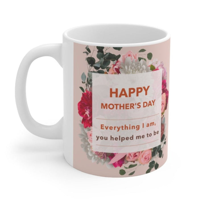 Floral Theme Mug, Celebrating Mother's Day, 11oz: white, pale pink Mother's Day floral theme, floral greeting-card design sty