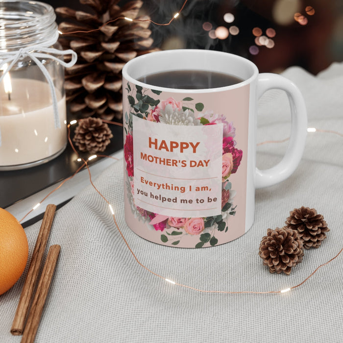 Floral Theme Mug, Celebrating Mother's Day, 11oz: white, pale pink Mother's Day floral theme, floral greeting-card design sty