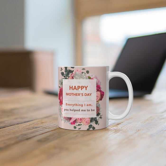 Floral Theme Mug, Celebrating Mother's Day, 11oz: white, pale pink Mother's Day floral theme, floral greeting-card design sty