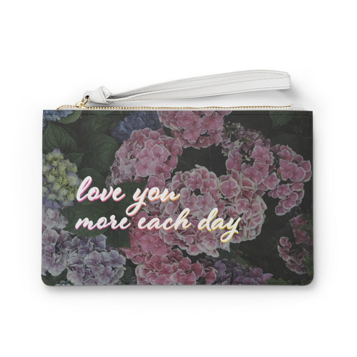 Floral Vegan Clutch Bag with Zipper Closure and Sweet Design: black, dark green hydrangea floral theme, romantic floral style