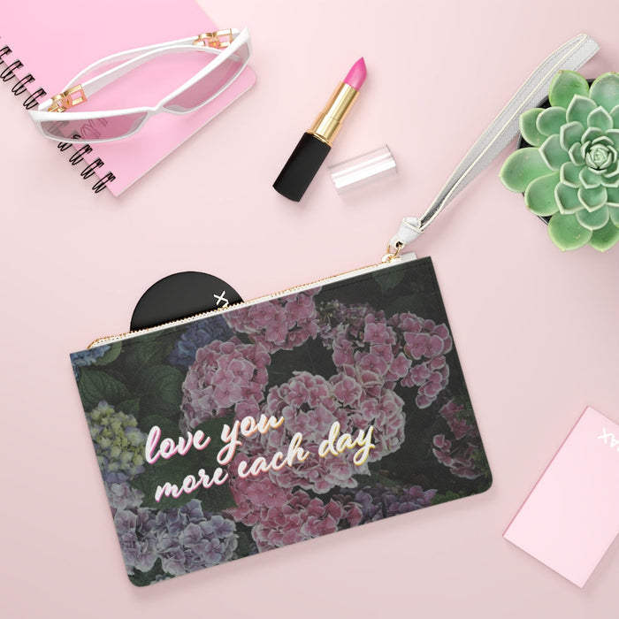 Floral Vegan Clutch Bag with Zipper Closure and Sweet Design: black, dark green hydrangea floral theme, romantic floral style