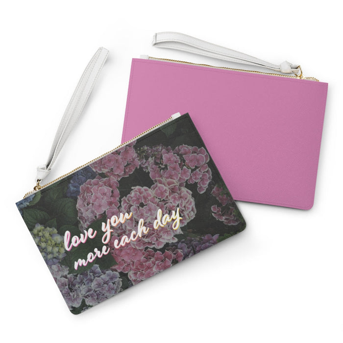 Floral Vegan Clutch Bag with Zipper Closure and Sweet Design: black, dark green hydrangea floral theme, romantic floral style